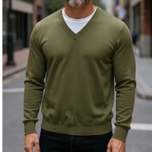 Paul Fredrick Men's V Neck Sweater Silk Cotton Cashmere Size Large Olive Green